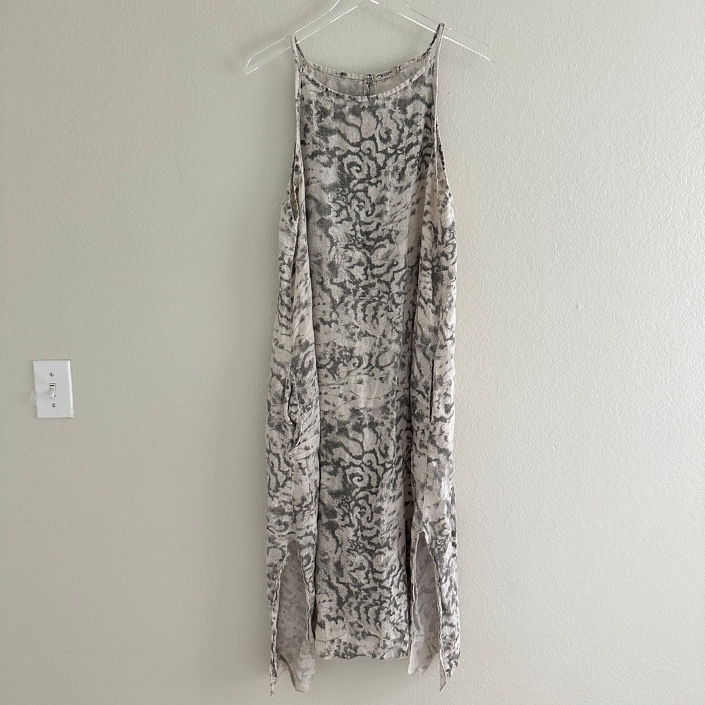 Lungo L'Arno Linen Midi Dress L Gray White Abstract Floral Made in Italy Boho